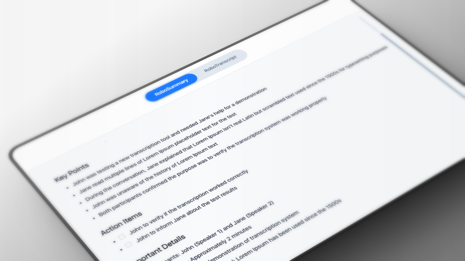 RoboSummary structured output with Key Points, Action Items, and Important Details