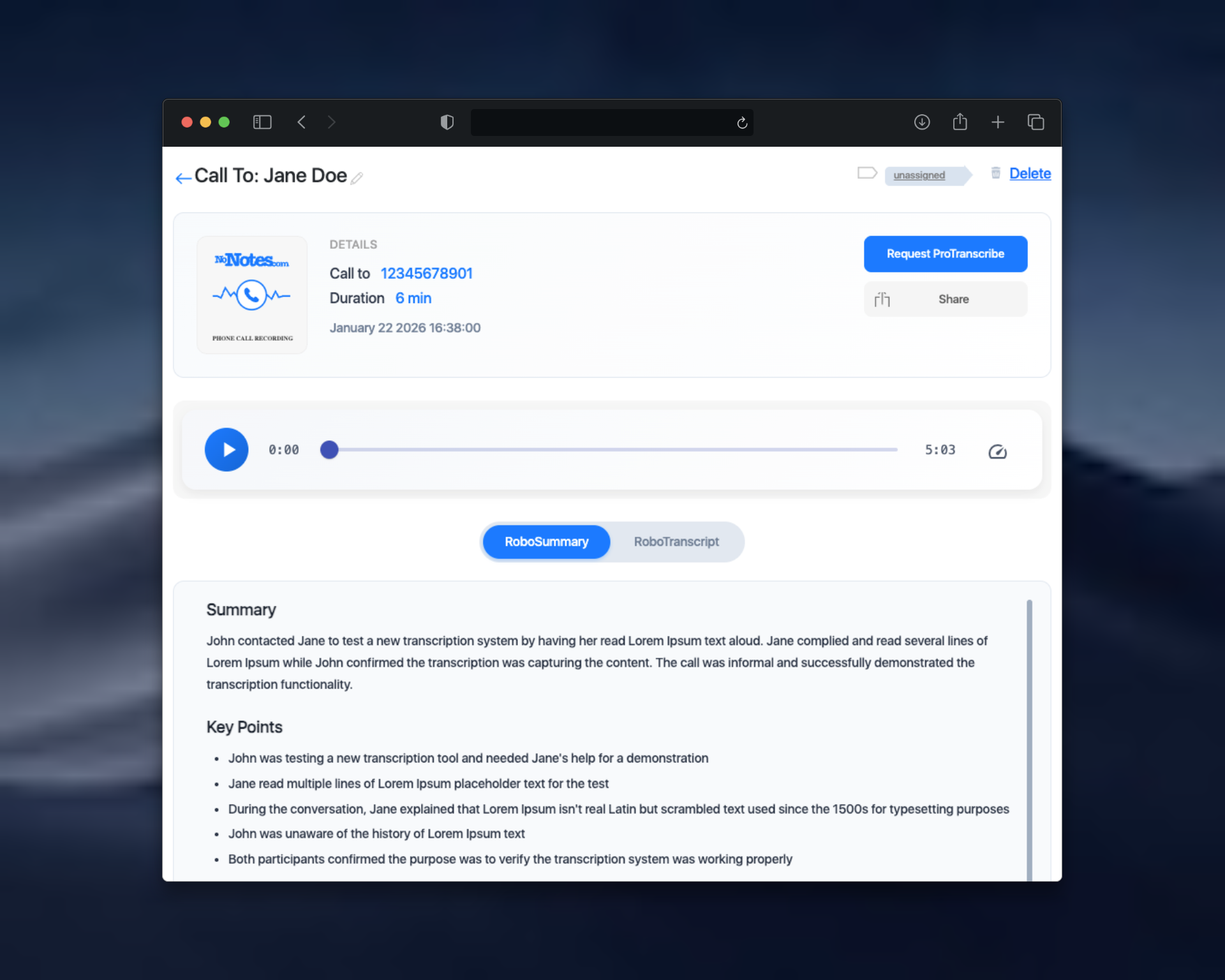 RoboSummary and RoboTranscript tabs on desktop