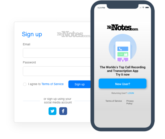 NoNotes sign up form and mobile app welcome screen